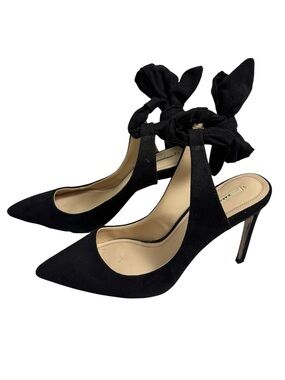 Zara Black Faux Suede Pointed Toe Tie Ankle Bow Heels Size 9